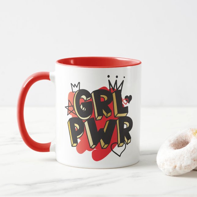 GIRL POWER, Krona & Hearts, Red & Guld Mugg (Med munk)