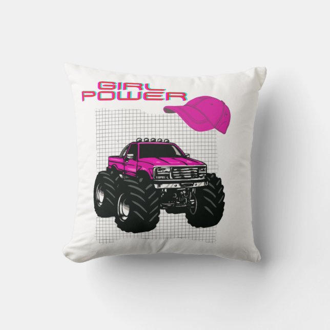 Girl Power Rosa Monster Lastbil Square Cushion Kudde (Framsida)