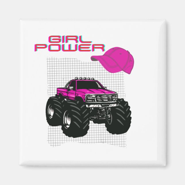 Girl Power Rosa Monster Lastbil Square Magnet (Framsidan)