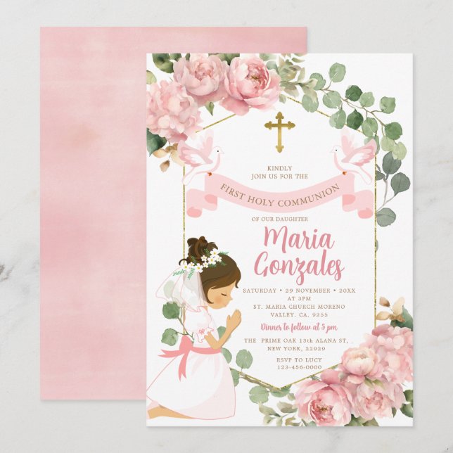 Girl Praying First Heliga Communion Rosa Blommigt Inbjudningar (Fram/baksida)