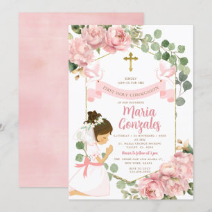 Girl Praying First Heliga Communion Rosa Blommigt Inbjudningar