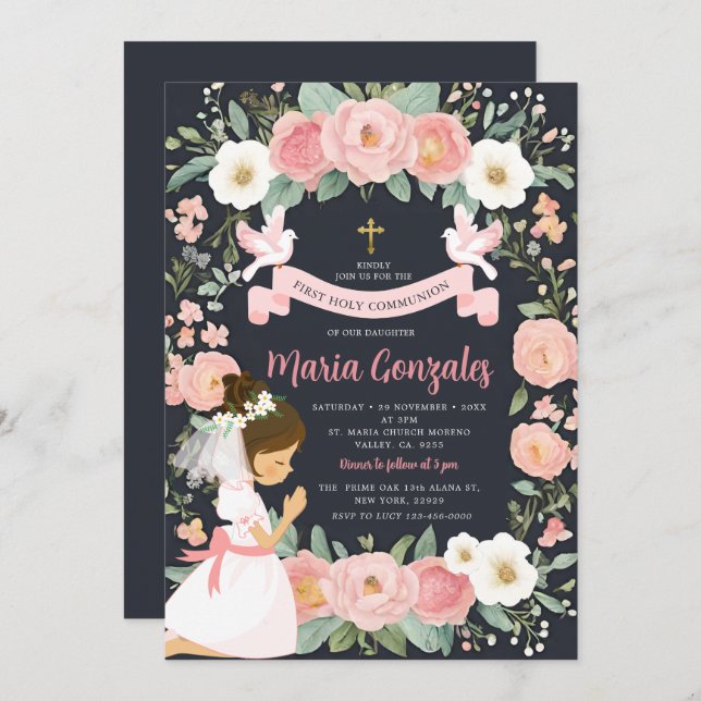 Girl Praying First Heliga Communion Rosa Blommigt Inbjudningar (Fram/baksida)