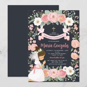 Girl Praying First Heliga Communion Rosa Blommigt Inbjudningar