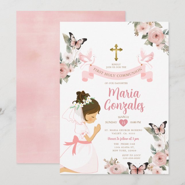 Girl Praying First Heliga Communion Rosa Blommigt Inbjudningar (Fram/baksida)