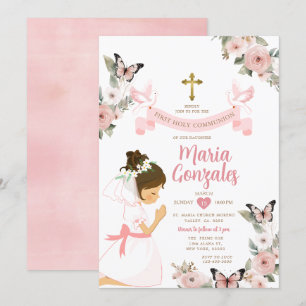 Girl Praying First Heliga Communion Rosa Blommigt Inbjudningar
