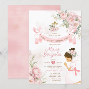 Girl Praying First Heliga Communion Rosa Blommigt Inbjudningar