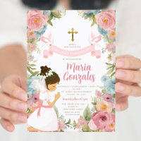 Girl Praying First Heliga Communion Rosa Blommigt