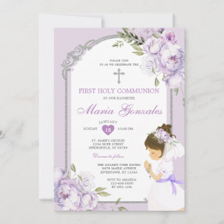 Girl Praying First Holy Communion Purple Floral Inbjudningar