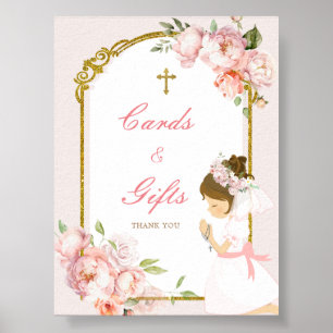 Girl Praying Guld First Heliga Communion Card & Gi Poster