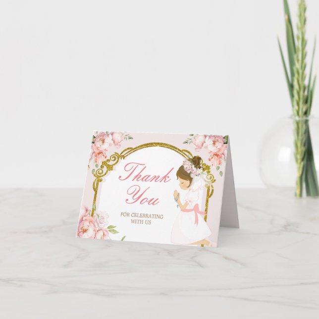 Girl Praying Guld First Heliga Communion Foldad Tack Kort (Framsida)