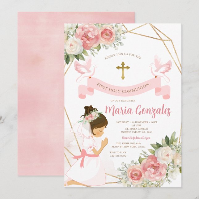 Girl Praying Guld First Heliga Communion Rosa Blom Inbjudningar (Fram/baksida)