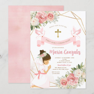 Girl Praying Guld First Heliga Communion Rosa Blom Inbjudningar