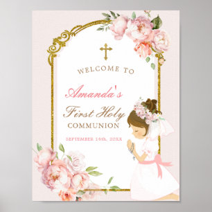 Girl Praying Guld First Heliga Communion Välkommen Poster