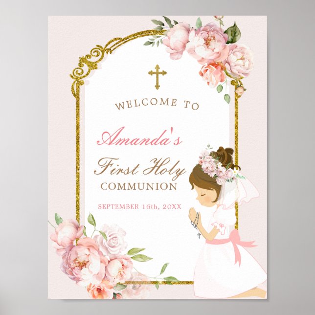 Girl Praying Guld First Heliga Communion Välkommen Poster (Framsidan)