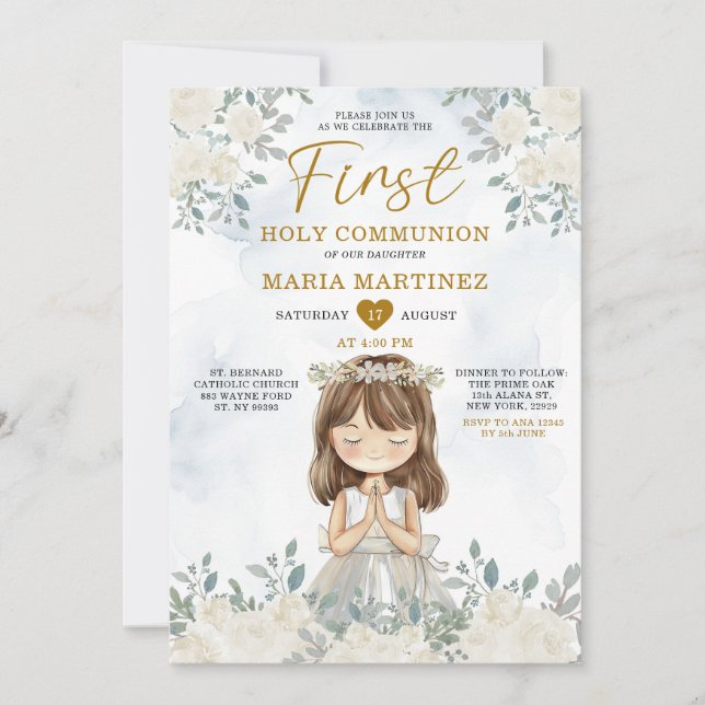 Girl Praying White Blommigt First Heliga Communion Inbjudningar (Framsida)