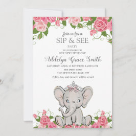 Girl Princess Tiara Elephant Rosa Blommigt Sip See Inbjudningar
