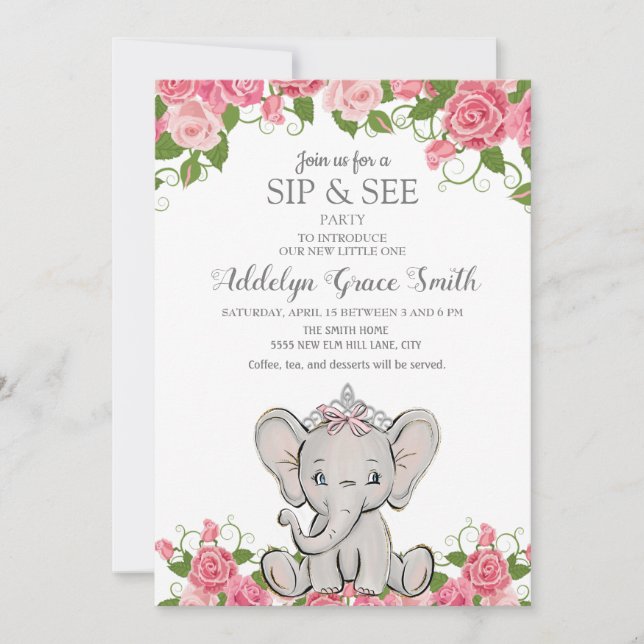 Girl Princess Tiara Elephant Rosa Blommigt Sip See Inbjudningar (Framsida)