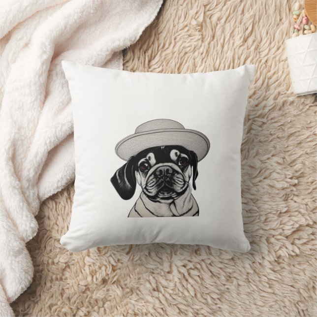 Girl Pug Wearing Hat Black and White Dekorativ kud Kudde (Filt)