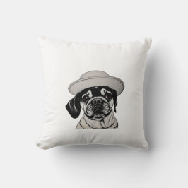 Girl Pug Wearing Hat Black and White Dekorativ kud Kudde