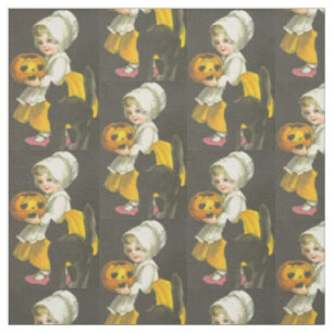 Girl, Pumpkin, Black Cat, Vintage Halloween Fabric Tyg