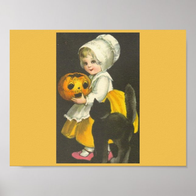 Girl Pumpkin Black Cat Vintage Halloween Poster (Framsidan)