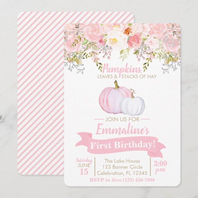 Girl Pumpkin Blommigt Garden Birthday Inbjudningar (Fram/baksida)