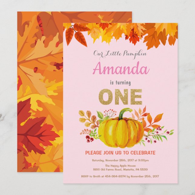 Girl Pumpkin Fall First Birthday Guld Glitter Inbjudningar (Fram/baksida)