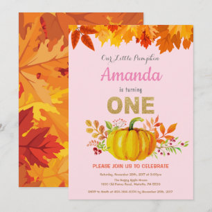 Girl Pumpkin Fall First Birthday Guld Glitter Inbjudningar