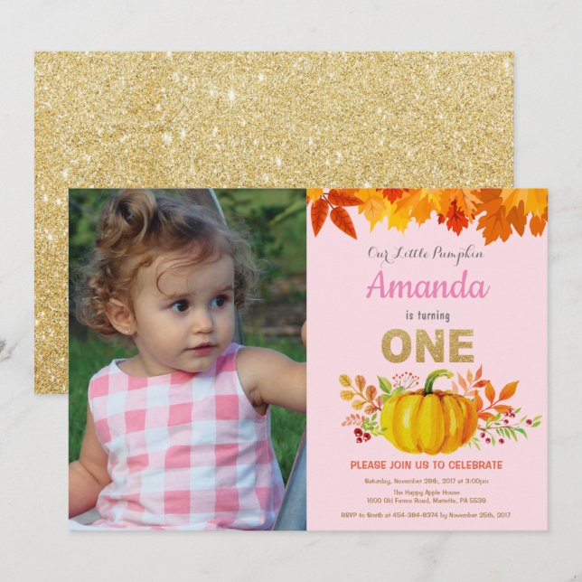 Girl Pumpkin Fall First Birthday Guld Glitter Inbjudningar (Fram/baksida)