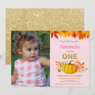 Girl Pumpkin Fall First Birthday Guld Glitter Inbjudningar