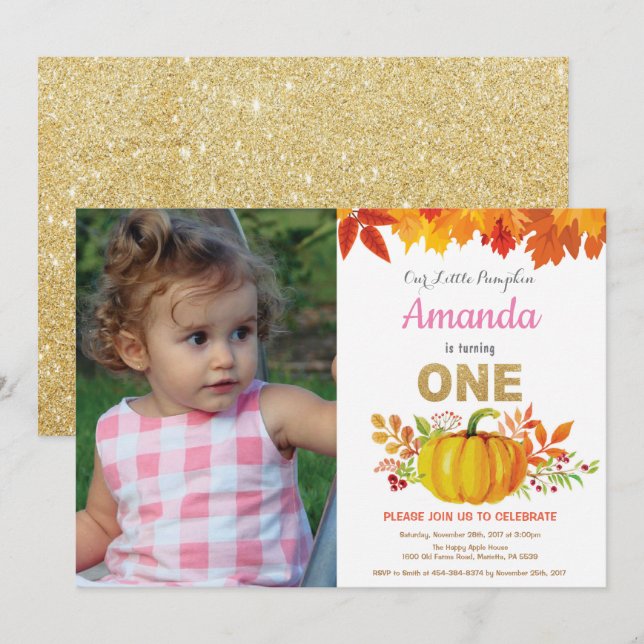 Girl Pumpkin Fall First Birthday Guld Glitter Inbjudningar (Fram/baksida)
