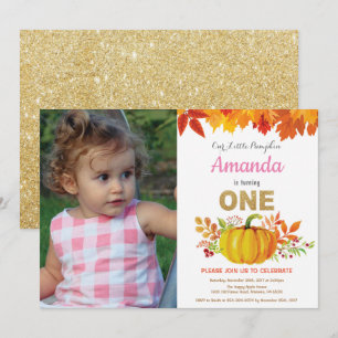 Girl Pumpkin Fall First Birthday Guld Glitter Inbjudningar