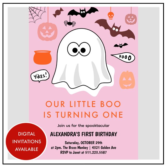 Girl Pumpkin Rosa Ghost Halloween 1-födelsedag Inbjudningar (Halloween-1st-birthday-Invitation-ghost-girl-pink-1)