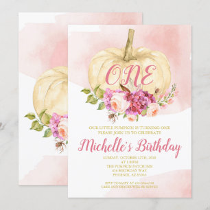 Girl Pumpkin Rosa Guld First Birthday Watercolor Inbjudningar