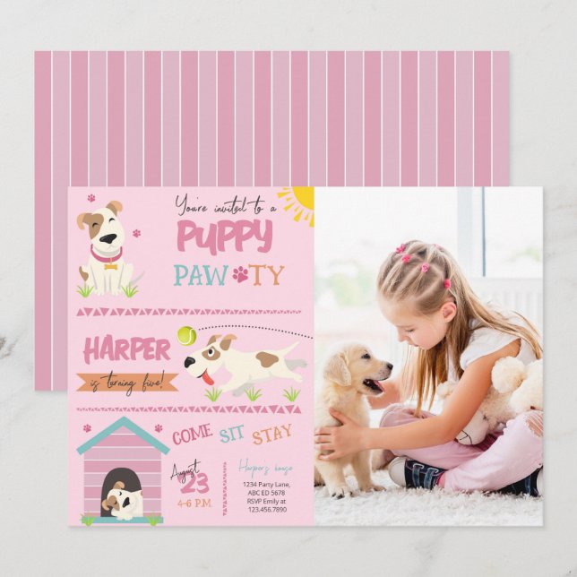 Girl Puppy Birthday Pawty Photo Inbjudningar (Fram/baksida)