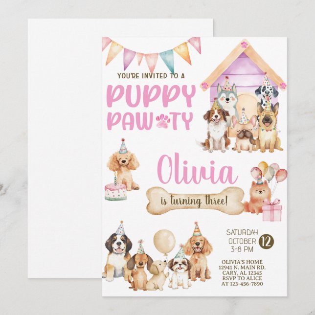 Girl puppy / dogs birthday party invitation. inbjudningar (Fram/baksida)
