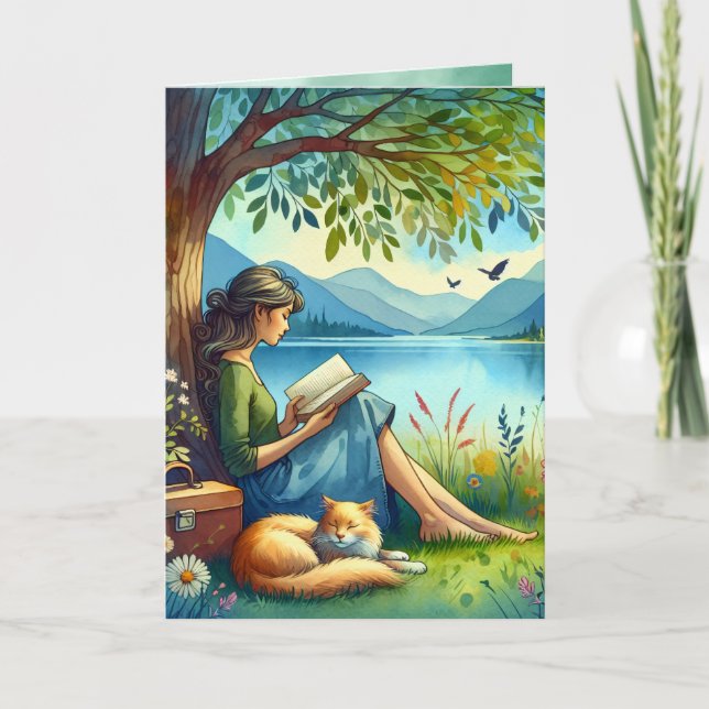 Girl Reading a Bok | Tänk på dig Kort (Framsida)