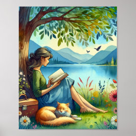 Girl Reading a Bok under a Träd med en Sömnig katt Poster
