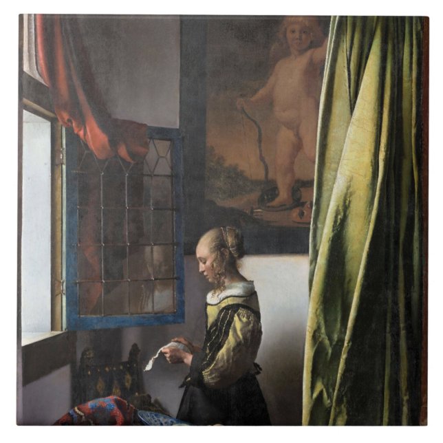 Girl Reading a Brev vid Open Window, Vermeer Kakelplatta (Framsidan)