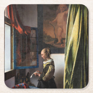 Girl Reading a Brev vid Open Window, Vermeer Underlägg Papper Kvadrat