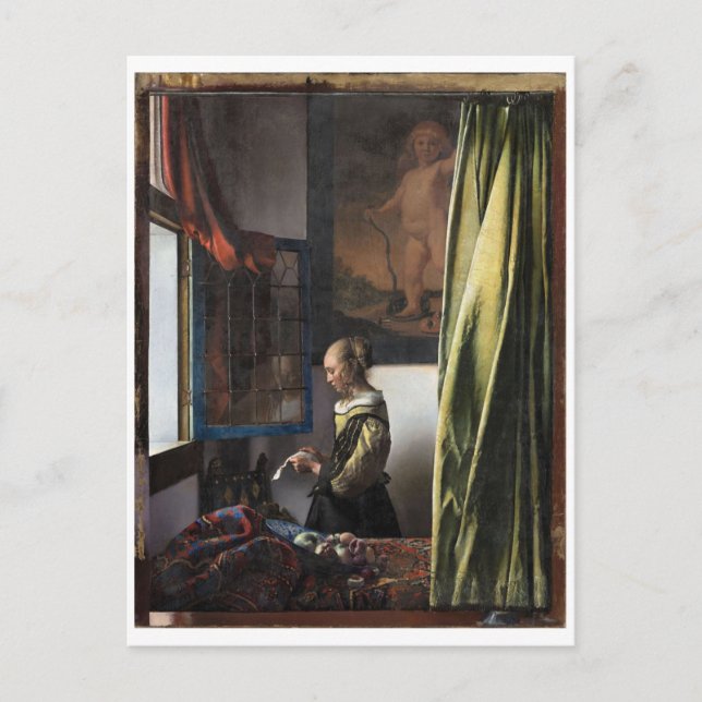 Girl Reading a Brev vid Open Window, Vermeer Vykort (Framsida)