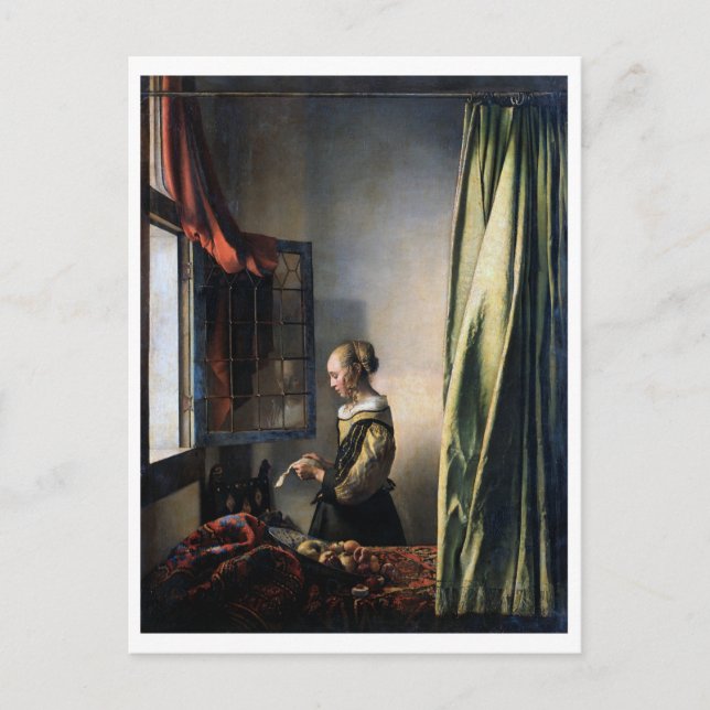 Girl Reading a Brev vid Open Window, Vermeer Vykort (Framsida)