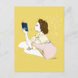 Girl Reading Watercolor Illustration Vykort