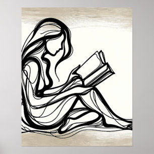 Girl Reads a Bok - Line Art Poster