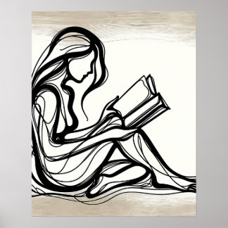 Girl Reads a Bok - Line Art Poster