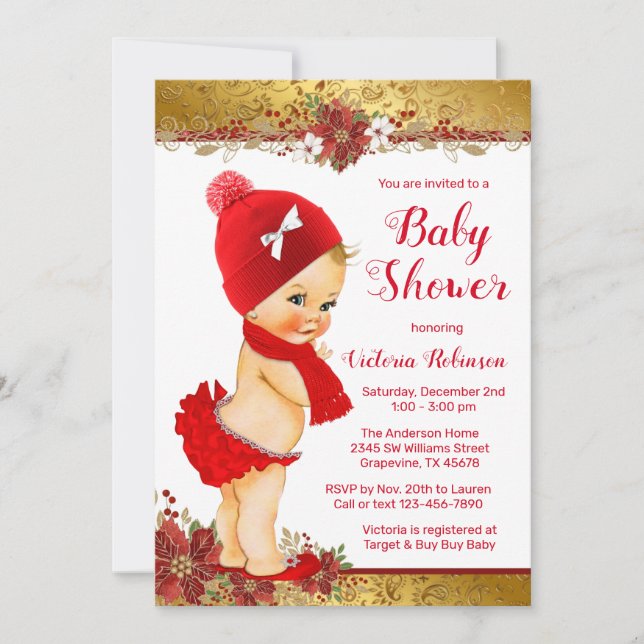 Girl Red Guld jul Baby Shower Blonde Inbjudningar (Framsida)