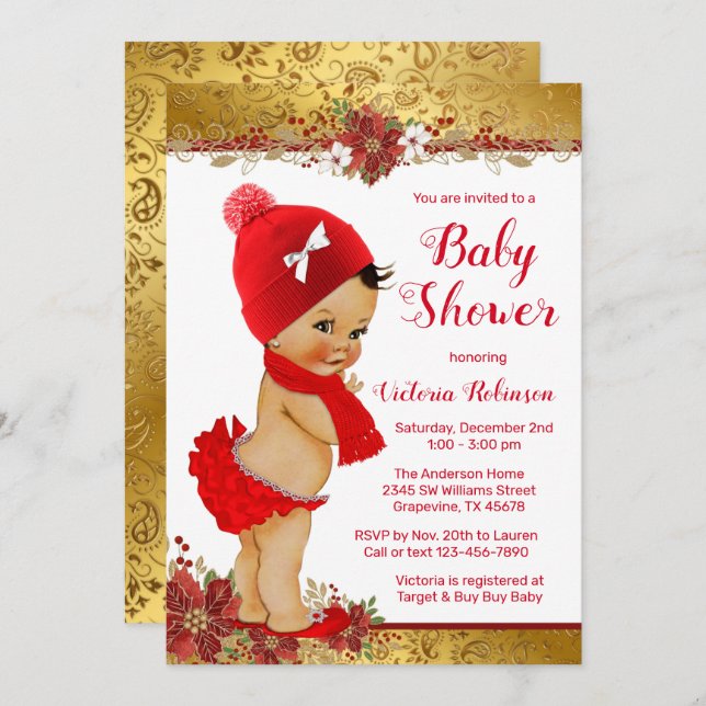 Girl Red Guld jul Baby Shower Ethnic Inbjudningar (Fram/baksida)