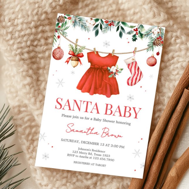 Girl Red Santa Baby Shower Inbjudningar (Santa Baby Clothesline Baby Shower Invitation)