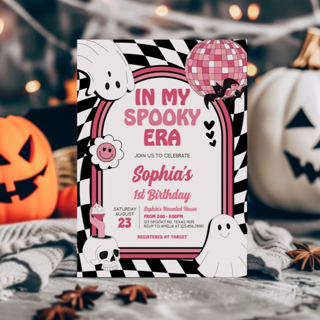 Girl Retro Ghost Halloween Birthday Inbjudningar (Pink Retro Ghost Halloween In My Spooky Era Birthday Invitation)