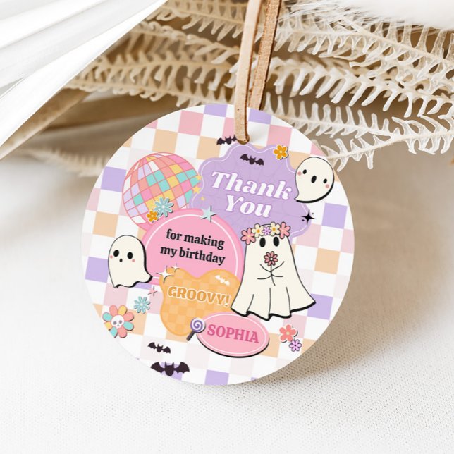 Girl Retro Groovy Little Boo Födelsedagsfest Gåvor Etiketter (Retro Groovy Little Boo Birthday Party Round Favor Tags)